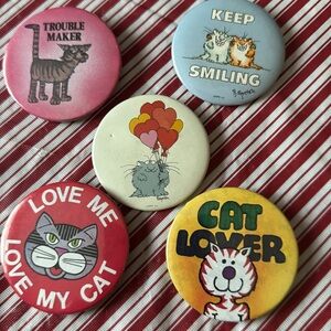 Vintage 80s Cat-Themed Pinback Button Set Of 5 Sandra Boyton /4 Badge A Mint
